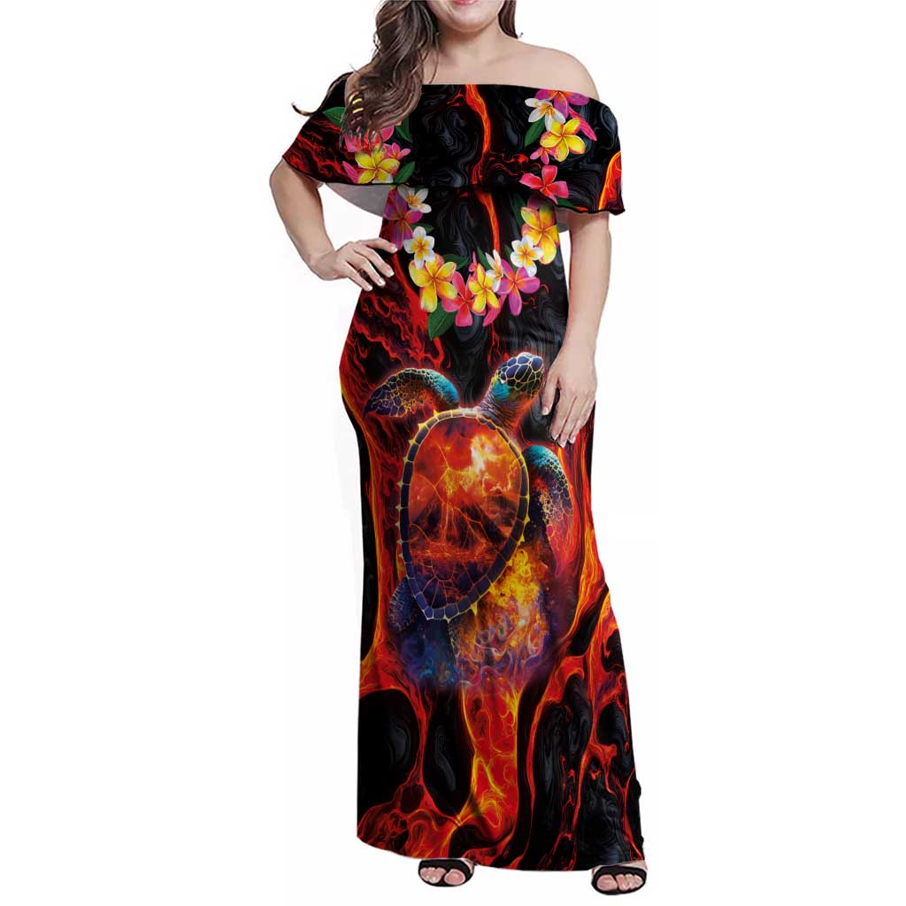Hawaiian Turtle with Volcanic Eruption Family Matching Off Shoulder Maxi Dress and Hawaiian Shirt Hibiscus Lei and Lava Flow an Abstract Texture
