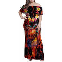 Hawaiian Turtle with Volcanic Eruption Family Matching Off Shoulder Maxi Dress and Hawaiian Shirt Hibiscus Lei and Lava Flow an Abstract Texture