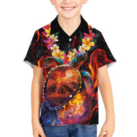 Hawaiian Turtle with Volcanic Eruption Family Matching Summer Maxi Dress and Hawaiian Shirt Hibiscus Lei and Lava Flow an Abstract Texture LT03 Son's Shirt Black - Polynesian Pride