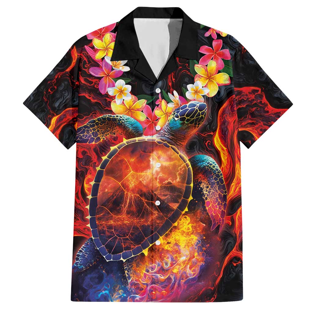 Hawaiian Turtle with Volcanic Eruption Hawaiian Shirt Hibiscus Lei and Lava Flow an Abstract Texture