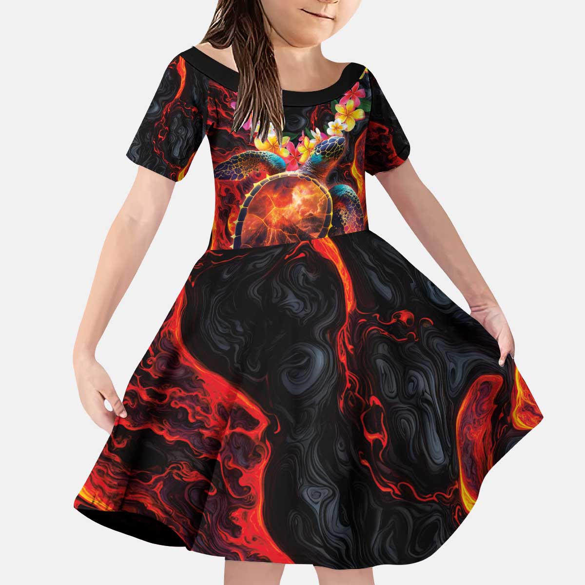 Hawaiian Turtle with Volcanic Eruption Kid Short Sleeve Dress Hibiscus Lei and Lava Flow an Abstract Texture LT03 KID Black - Polynesian Pride