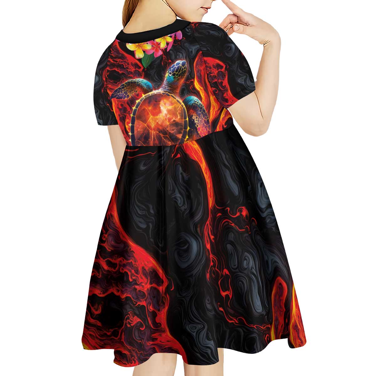 Hawaiian Turtle with Volcanic Eruption Kid Short Sleeve Dress Hibiscus Lei and Lava Flow an Abstract Texture LT03 - Polynesian Pride