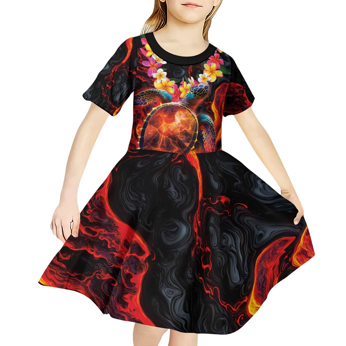 Hawaiian Turtle with Volcanic Eruption Kid Short Sleeve Dress Hibiscus Lei and Lava Flow an Abstract Texture LT03 - Polynesian Pride