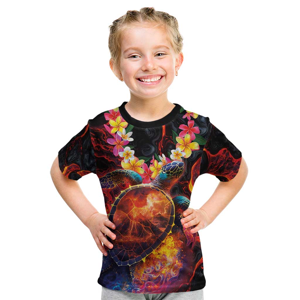 Hawaiian Turtle with Volcanic Eruption Kid T Shirt Hibiscus Lei and Lava Flow an Abstract Texture LT03 Black - Polynesian Pride
