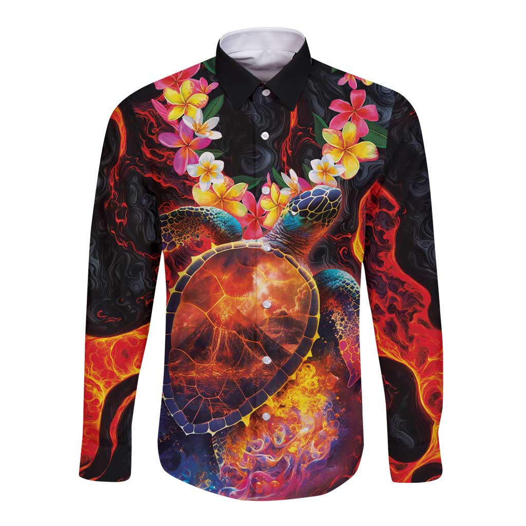 Hawaiian Turtle with Volcanic Eruption Long Sleeve Button Shirt Hibiscus Lei and Lava Flow an Abstract Texture LT03 Unisex Black - Polynesian Pride
