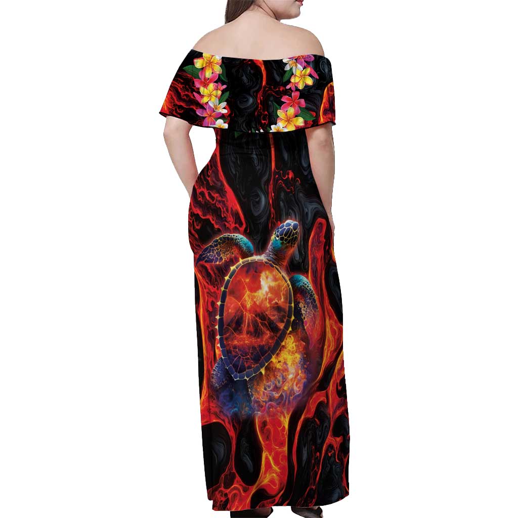 Hawaiian Turtle with Volcanic Eruption Off Shoulder Maxi Dress Hibiscus Lei and Lava Flow an Abstract Texture LT03 - Polynesian Pride