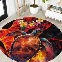 Hawaiian Turtle with Volcanic Eruption Round Carpet Hibiscus Lei and Lava Flow an Abstract Texture LT03 Black - Polynesian Pride