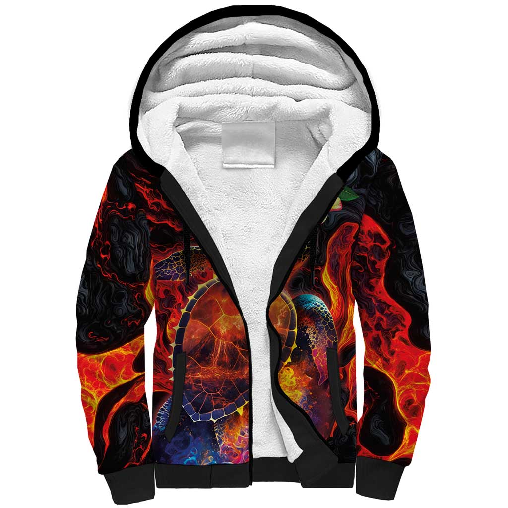Hawaiian Turtle with Volcanic Eruption Sherpa Hoodie Hibiscus Lei and Lava Flow an Abstract Texture LT03 Unisex Black - Polynesian Pride