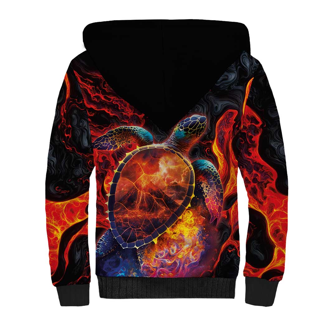 Hawaiian Turtle with Volcanic Eruption Sherpa Hoodie Hibiscus Lei and Lava Flow an Abstract Texture