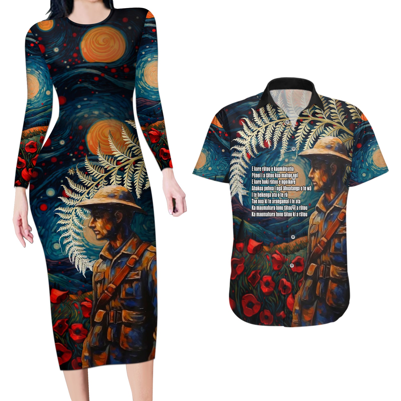 New Zealand Soldier ANZAC Day Couples Matching Long Sleeve Bodycon Dress and Hawaiian Shirt Silver Fern Starry Night Style LT03 Blue - Polynesian Pride