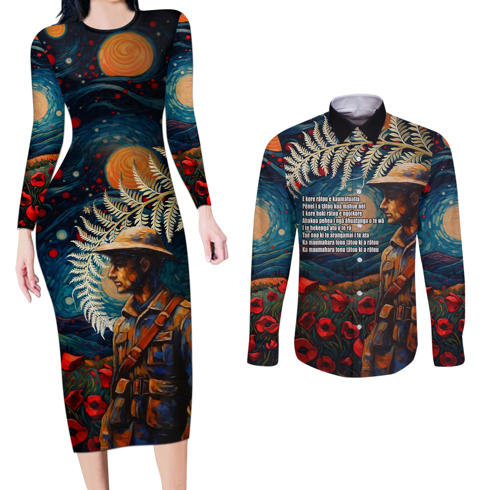 New Zealand Soldier ANZAC Day Couples Matching Long Sleeve Bodycon Dress and Long Sleeve Button Shirt Silver Fern Starry Night Style LT03 Blue - Polynesian Pride
