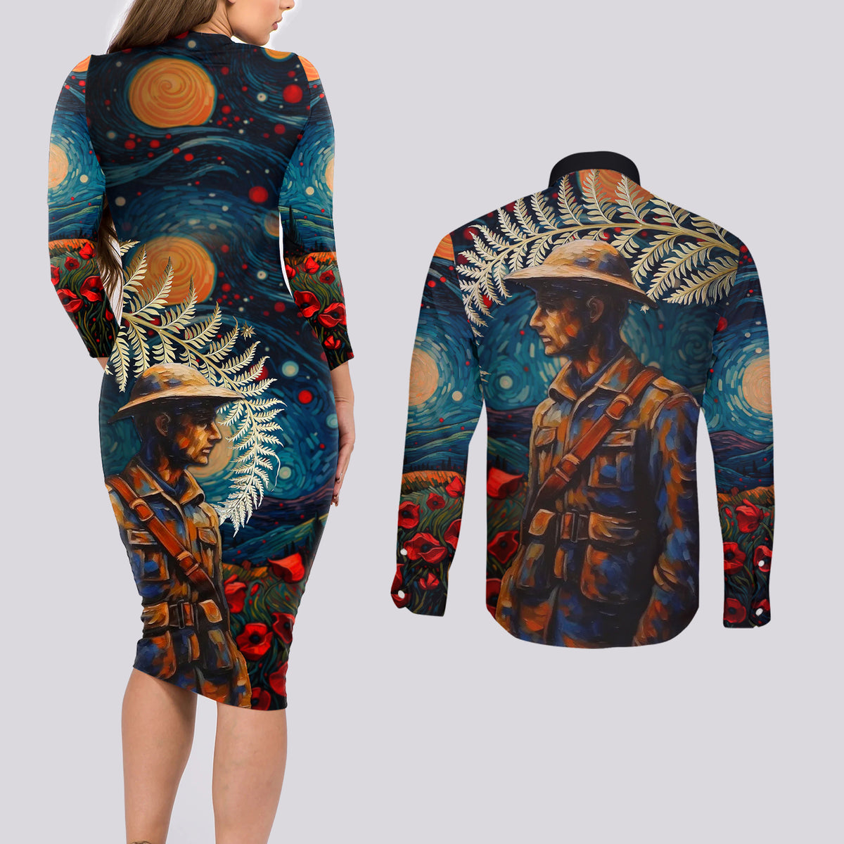 New Zealand Soldier ANZAC Day Couples Matching Long Sleeve Bodycon Dress and Long Sleeve Button Shirt Silver Fern Starry Night Style LT03 - Polynesian Pride
