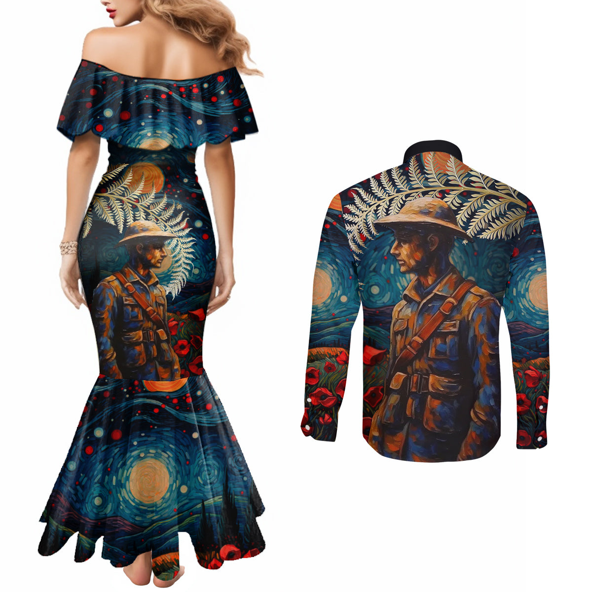 New Zealand Soldier ANZAC Day Couples Matching Mermaid Dress and Long Sleeve Button Shirt Silver Fern Starry Night Style LT03 - Polynesian Pride