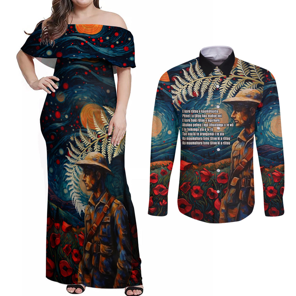 New Zealand Soldier ANZAC Day Couples Matching Off Shoulder Maxi Dress and Long Sleeve Button Shirt Silver Fern Starry Night Style LT03 Blue - Polynesian Pride