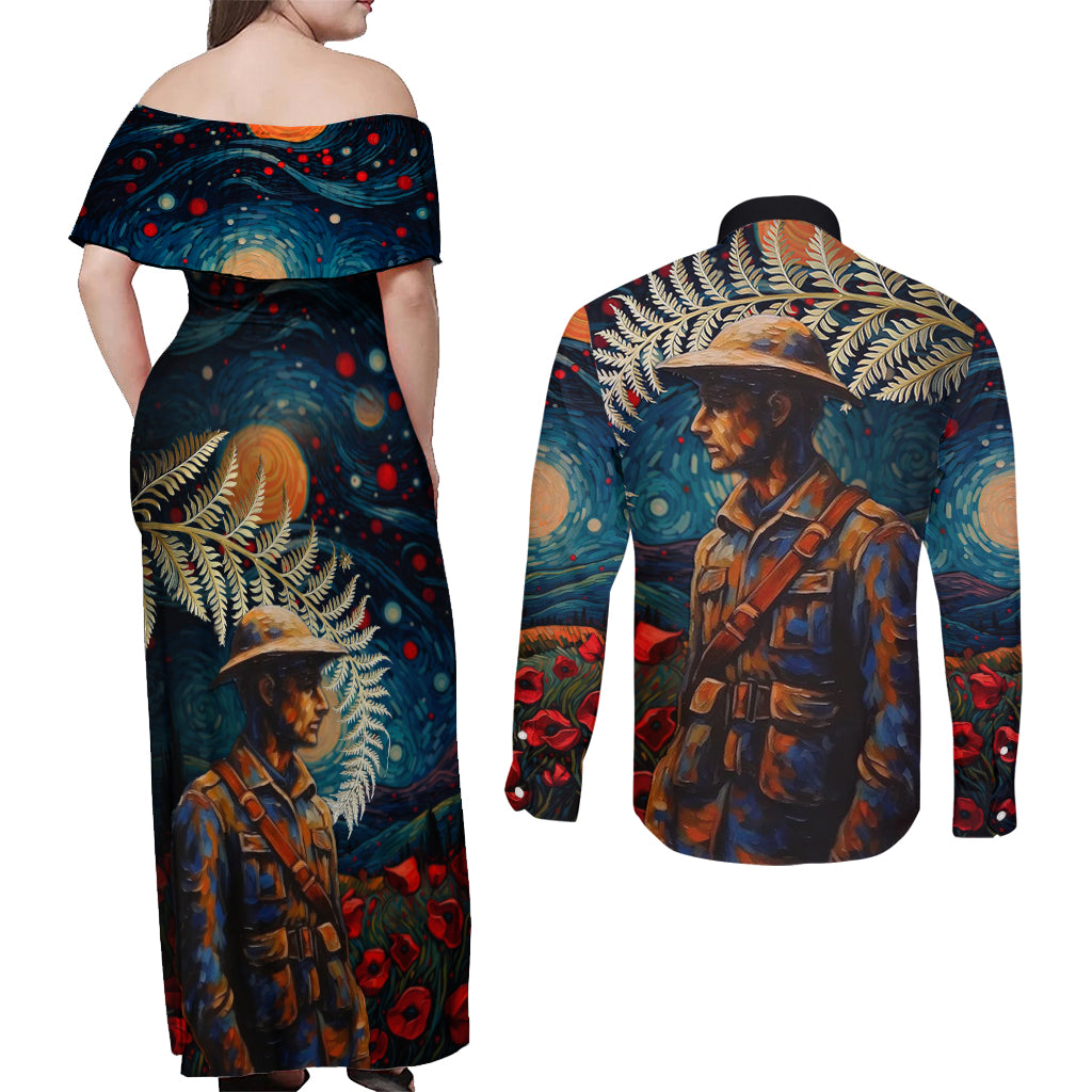New Zealand Soldier ANZAC Day Couples Matching Off Shoulder Maxi Dress and Long Sleeve Button Shirt Silver Fern Starry Night Style LT03 - Polynesian Pride