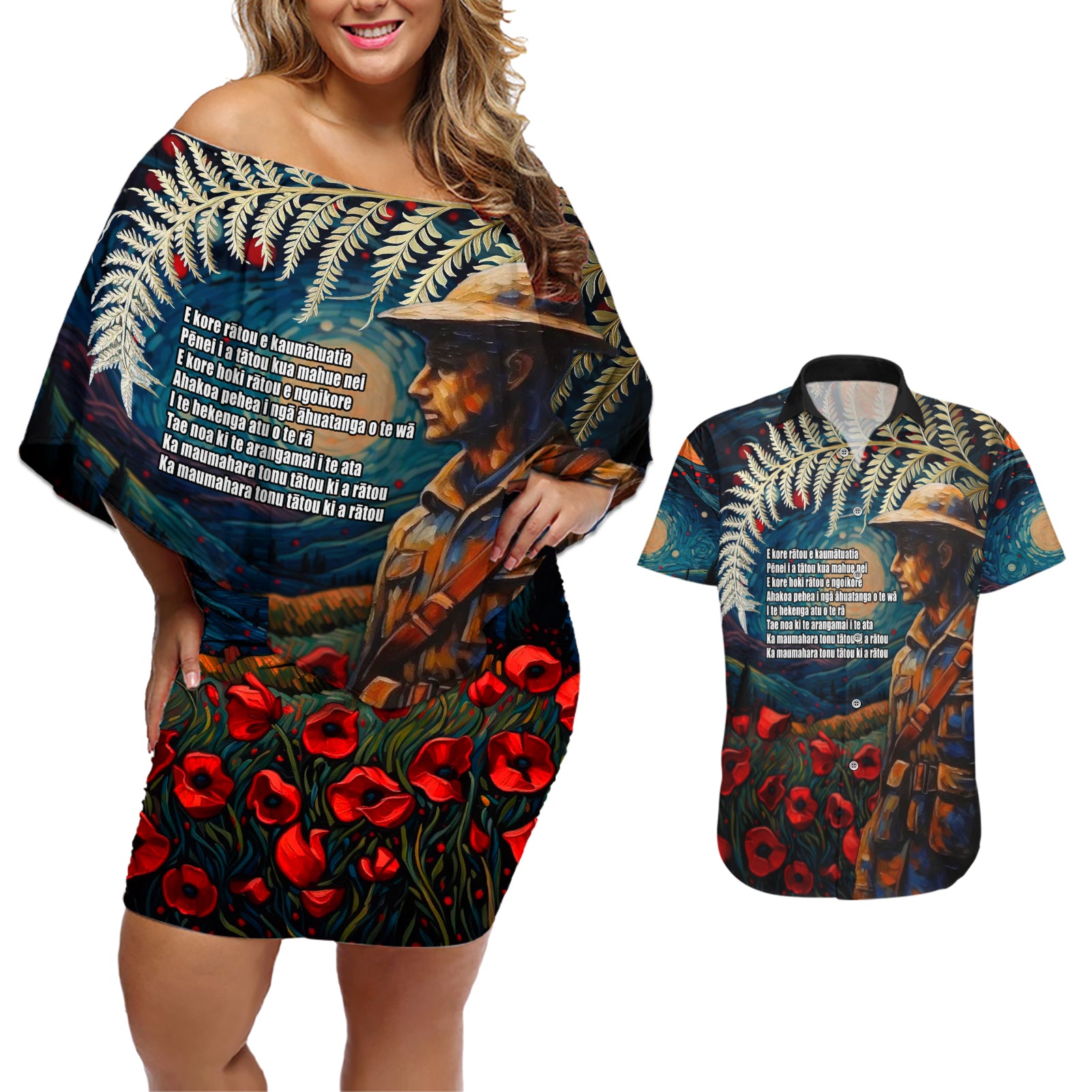 New Zealand Soldier ANZAC Day Couples Matching Off Shoulder Short Dress and Hawaiian Shirt Silver Fern Starry Night Style LT03 Blue - Polynesian Pride