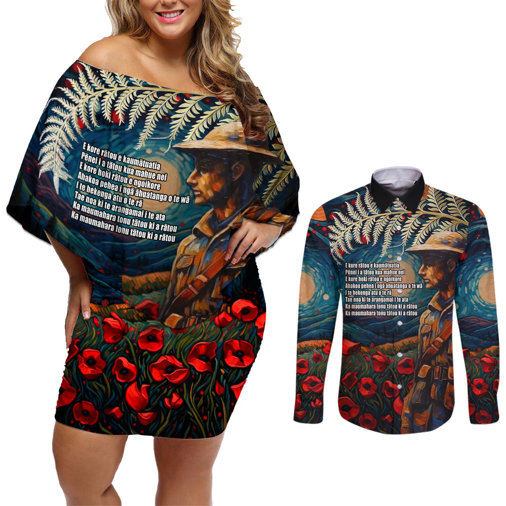 New Zealand Soldier ANZAC Day Couples Matching Off Shoulder Short Dress and Long Sleeve Button Shirt Silver Fern Starry Night Style LT03 Blue - Polynesian Pride
