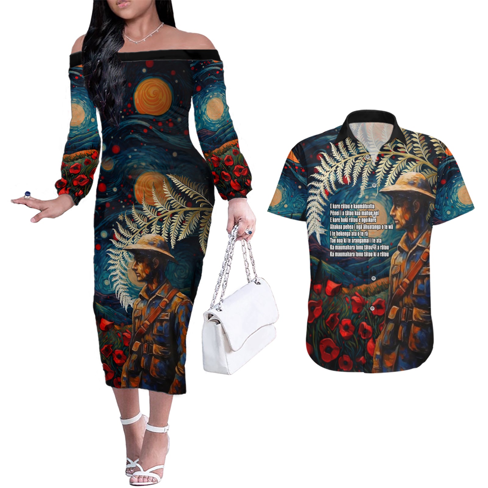 New Zealand Soldier ANZAC Day Couples Matching Off The Shoulder Long Sleeve Dress and Hawaiian Shirt Silver Fern Starry Night Style LT03 Blue - Polynesian Pride