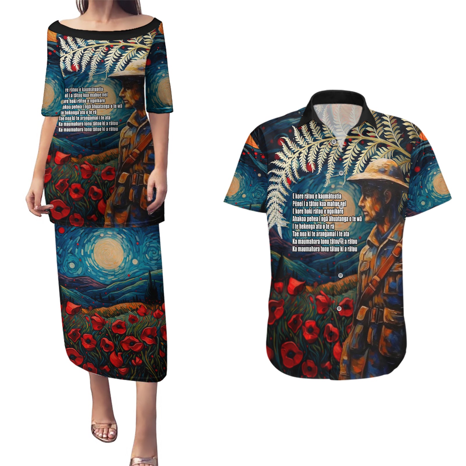 New Zealand Soldier ANZAC Day Couples Matching Puletasi and Hawaiian Shirt Silver Fern Starry Night Style LT03 Blue - Polynesian Pride