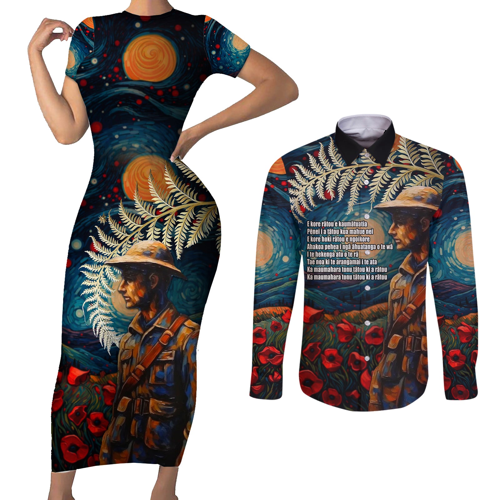 New Zealand Soldier ANZAC Day Couples Matching Short Sleeve Bodycon Dress and Long Sleeve Button Shirt Silver Fern Starry Night Style LT03 Blue - Polynesian Pride
