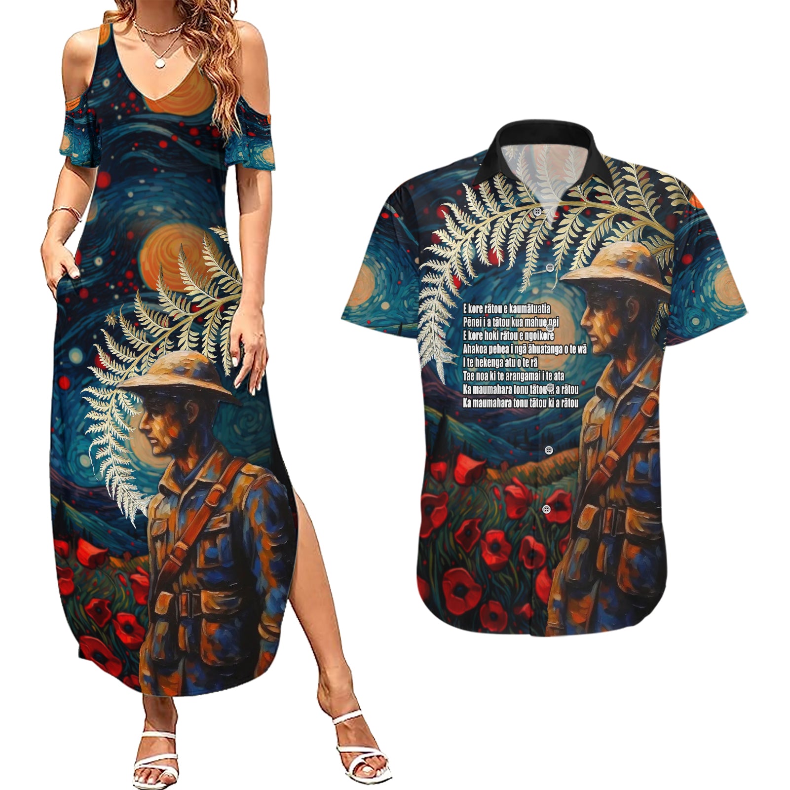 New Zealand Soldier ANZAC Day Couples Matching Summer Maxi Dress and Hawaiian Shirt Silver Fern Starry Night Style LT03 Blue - Polynesian Pride