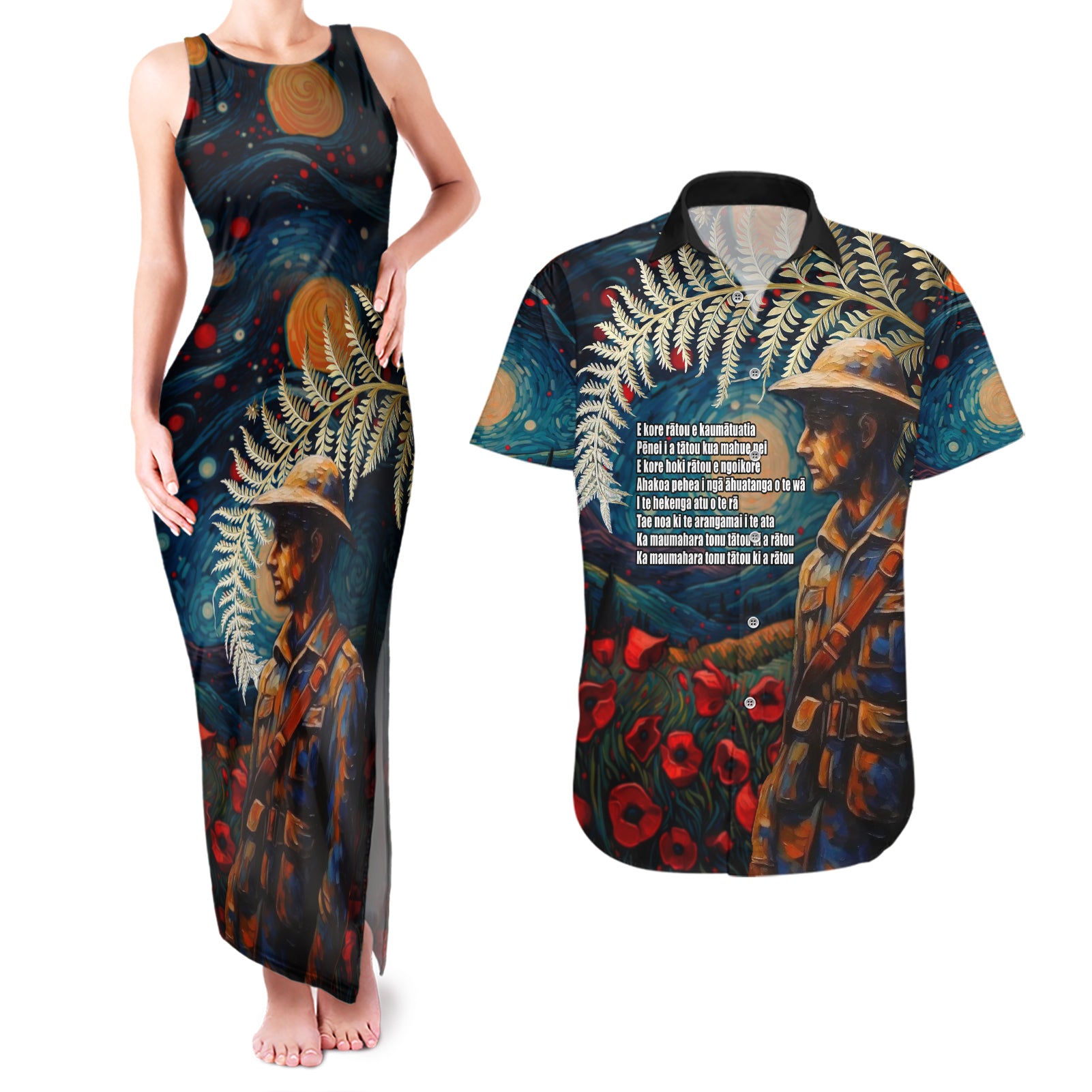 New Zealand Soldier ANZAC Day Couples Matching Tank Maxi Dress and Hawaiian Shirt Silver Fern Starry Night Style LT03 Blue - Polynesian Pride