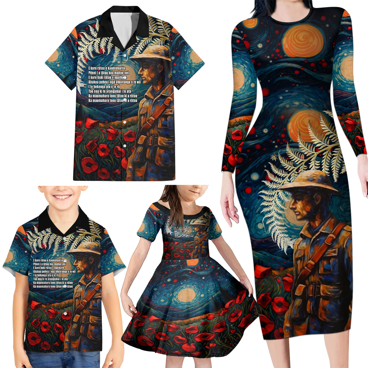 New Zealand Soldier ANZAC Day Family Matching Long Sleeve Bodycon Dress and Hawaiian Shirt Silver Fern Starry Night Style LT03 - Polynesian Pride