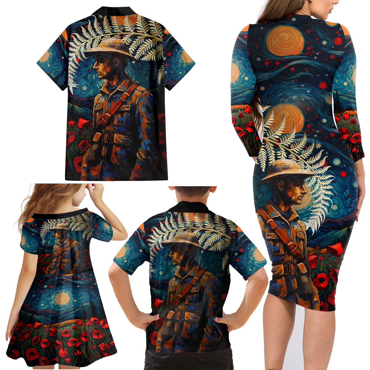 New Zealand Soldier ANZAC Day Family Matching Long Sleeve Bodycon Dress and Hawaiian Shirt Silver Fern Starry Night Style LT03 - Polynesian Pride