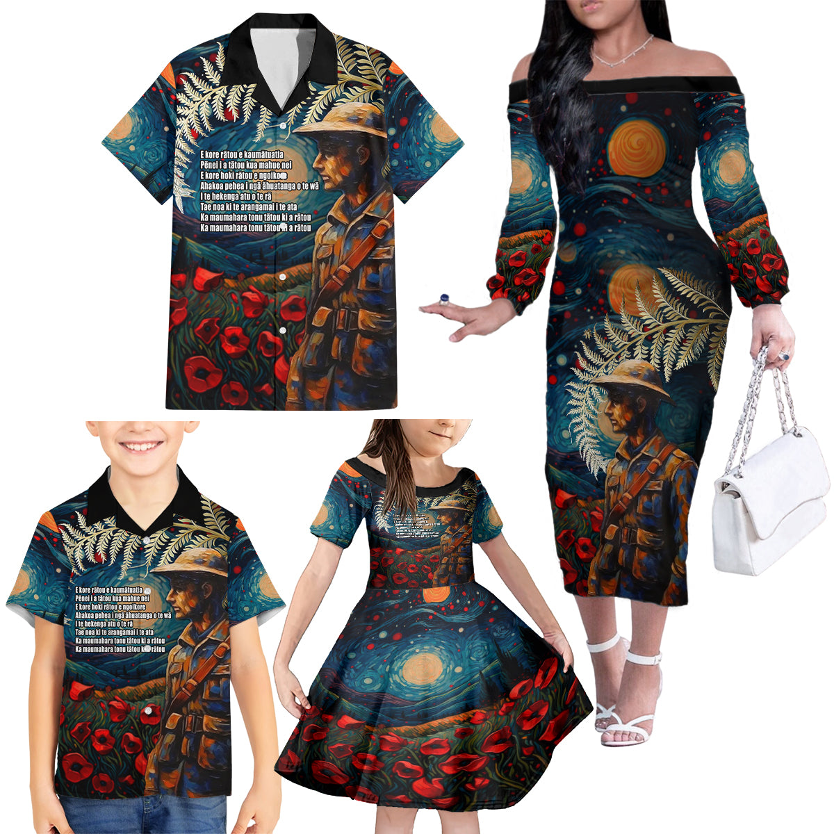 New Zealand Soldier ANZAC Day Family Matching Off Shoulder Long Sleeve Dress and Hawaiian Shirt Silver Fern Starry Night Style LT03 - Polynesian Pride