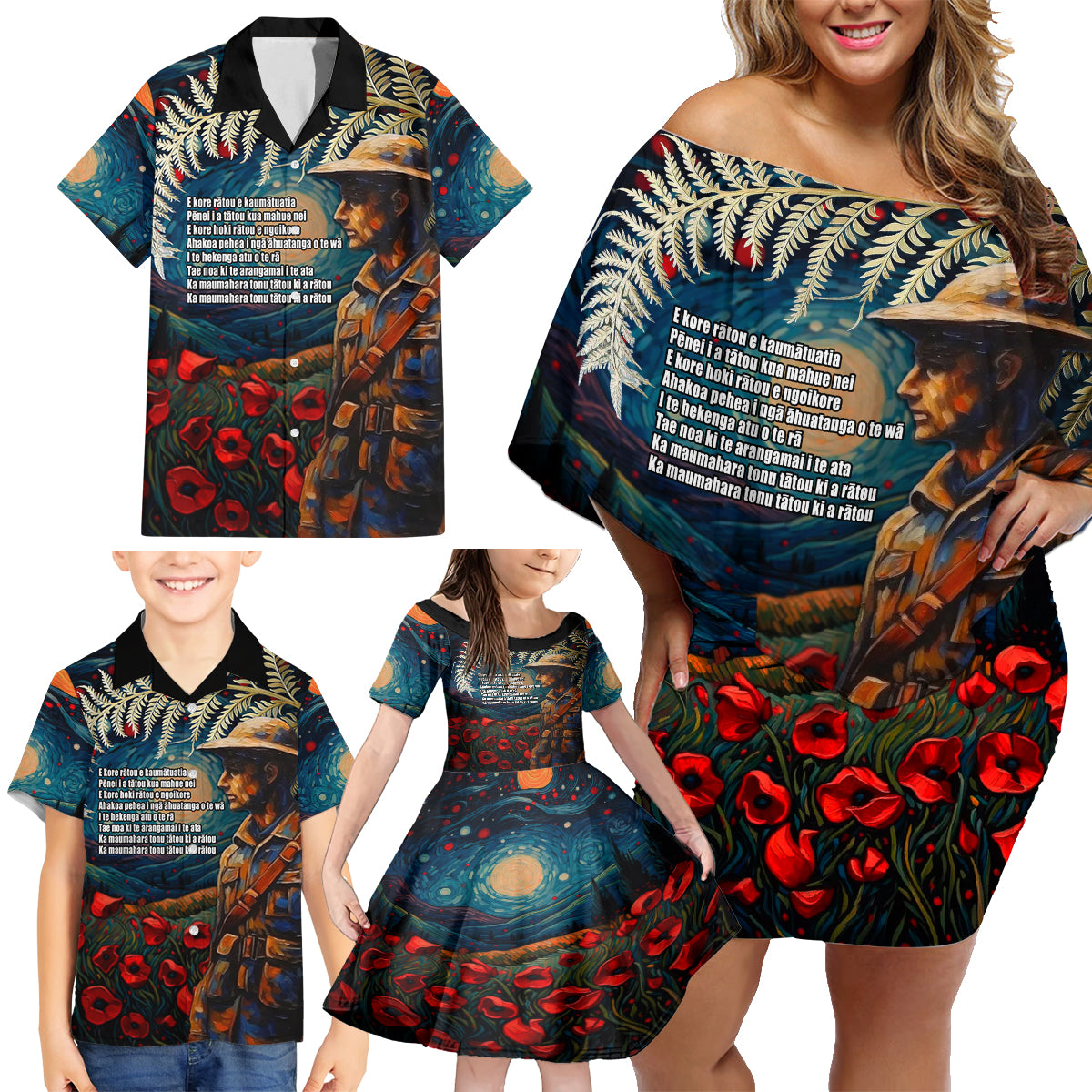 New Zealand Soldier ANZAC Day Family Matching Off Shoulder Short Dress and Hawaiian Shirt Silver Fern Starry Night Style LT03 - Polynesian Pride
