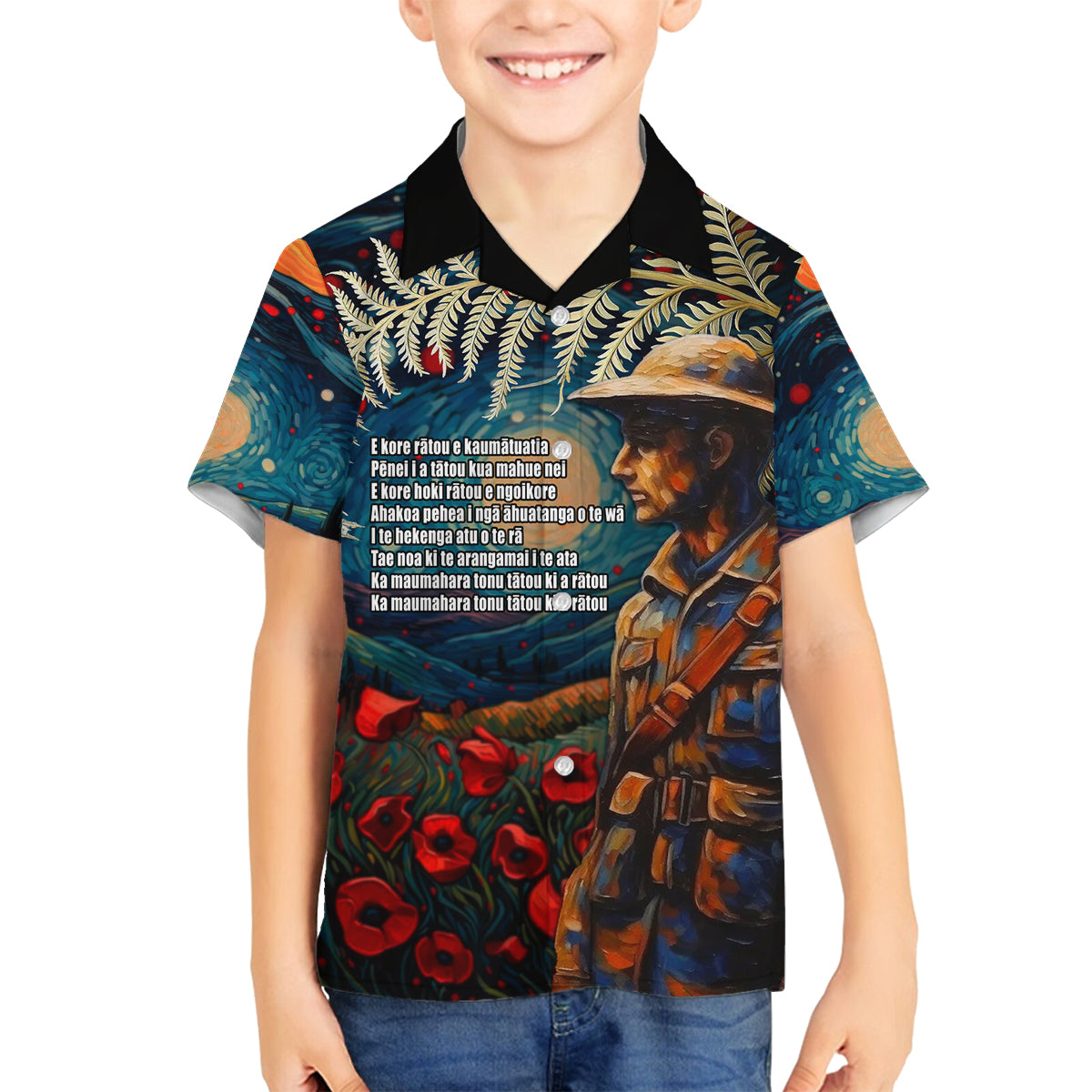 New Zealand Soldier ANZAC Day Family Matching Off Shoulder Short Dress and Hawaiian Shirt Silver Fern Starry Night Style LT03 Son's Shirt Blue - Polynesian Pride