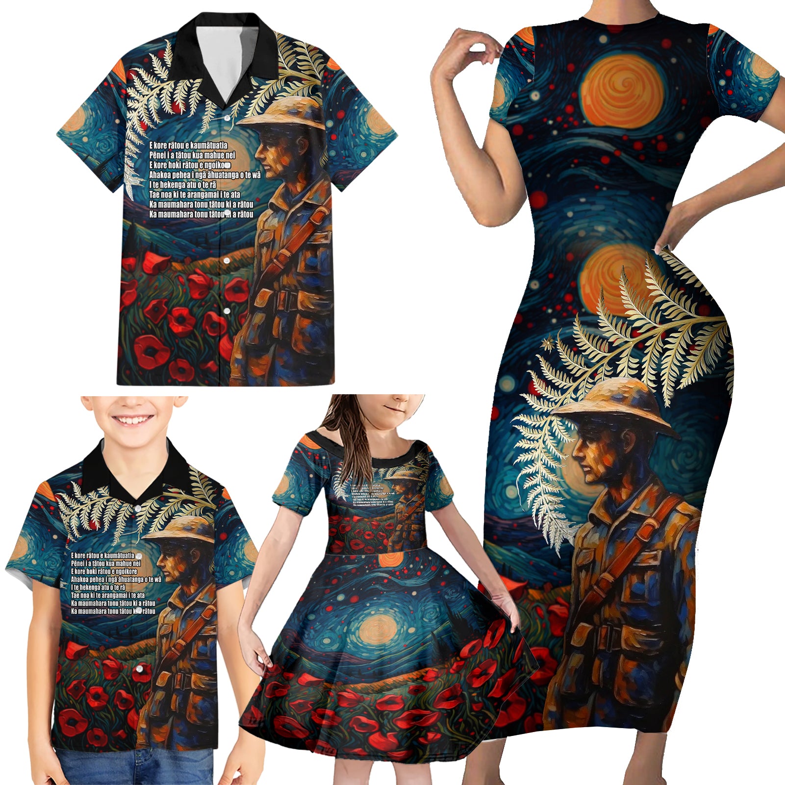 New Zealand Soldier ANZAC Day Family Matching Short Sleeve Bodycon Dress and Hawaiian Shirt Silver Fern Starry Night Style LT03 - Polynesian Pride
