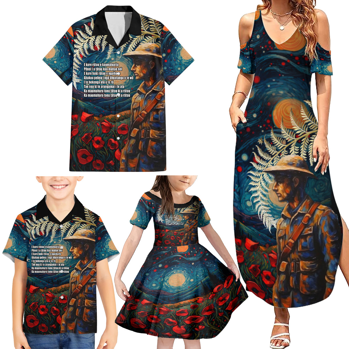 New Zealand Soldier ANZAC Day Family Matching Summer Maxi Dress and Hawaiian Shirt Silver Fern Starry Night Style LT03 - Polynesian Pride