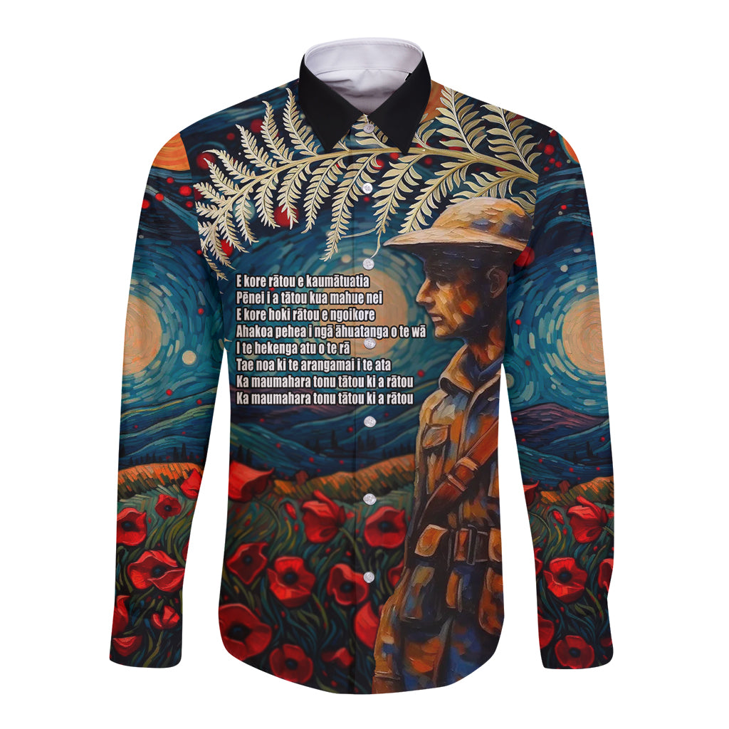 New Zealand Soldier ANZAC Day Long Sleeve Button Shirt Silver Fern Starry Night Style LT03 Unisex Blue - Polynesian Pride