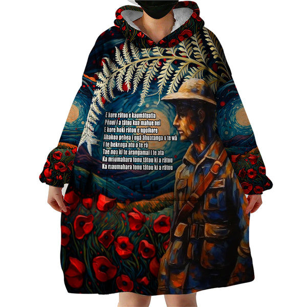 New Zealand ANZAC Day Wearable Blanket Hoodie Military Silver Ferns and Red Poppy LT9