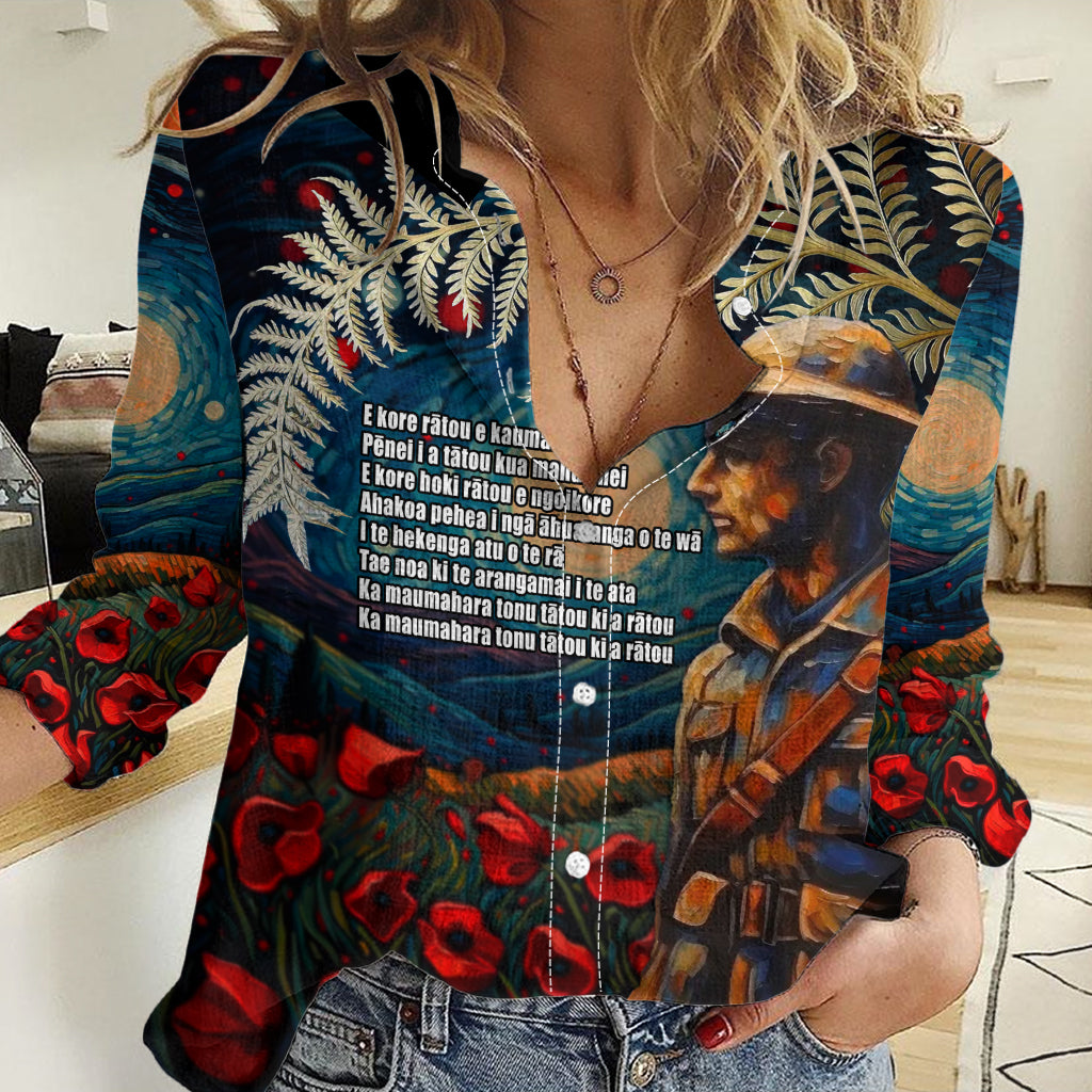 New Zealand Soldier ANZAC Day Women Casual Shirt Silver Fern Starry Night Style LT03 Female Blue - Polynesian Pride