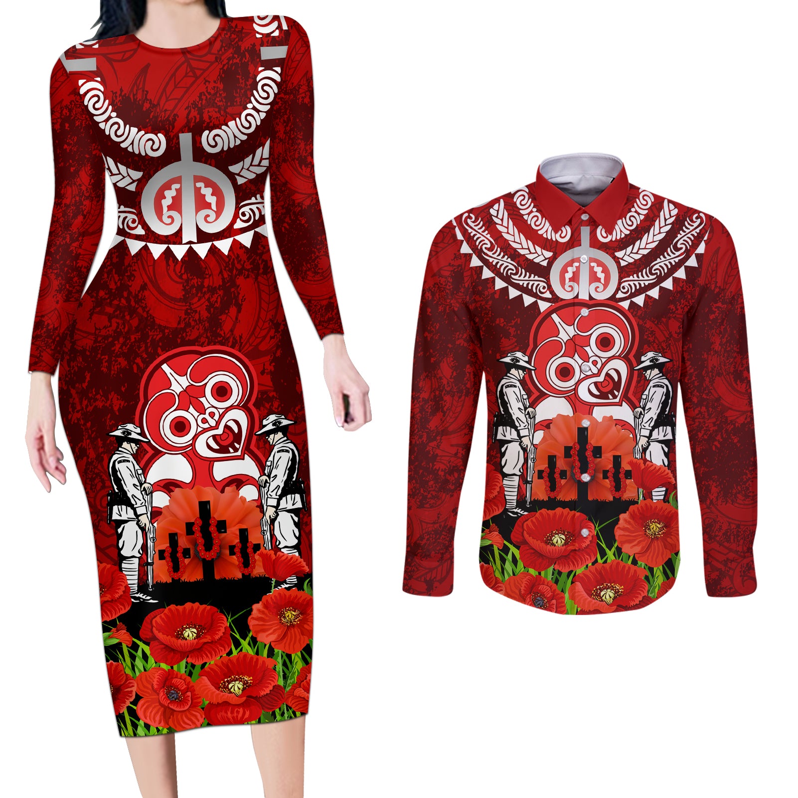 New Zealand ANZAC Waitangi Day Couples Matching Long Sleeve Bodycon Dress and Long Sleeve Button Shirt Hei Tiki and Soldier LT03 Red - Polynesian Pride