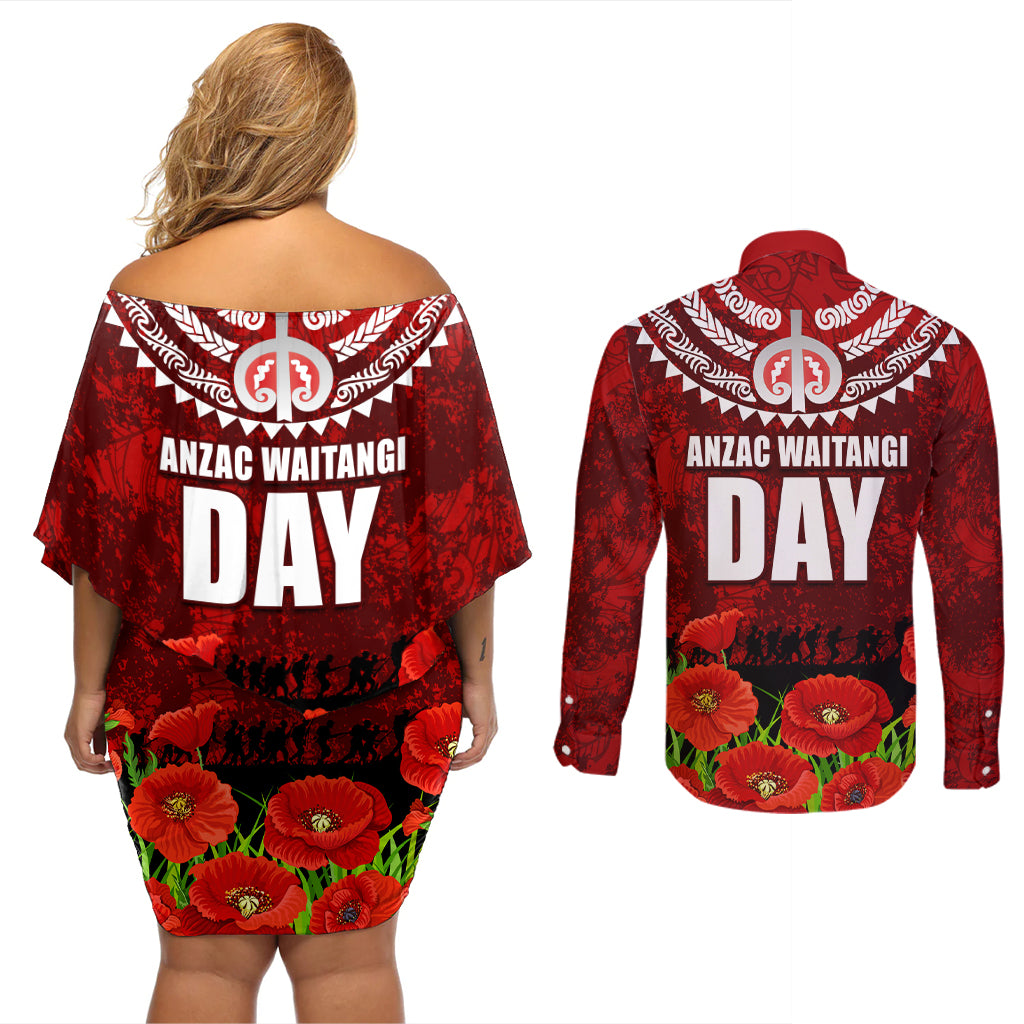 New Zealand ANZAC Waitangi Day Couples Matching Off Shoulder Short Dress and Long Sleeve Button Shirt Hei Tiki and Soldier LT03 - Polynesian Pride