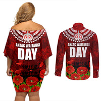 New Zealand ANZAC Waitangi Day Couples Matching Off Shoulder Short Dress and Long Sleeve Button Shirt Hei Tiki and Soldier LT03 - Polynesian Pride