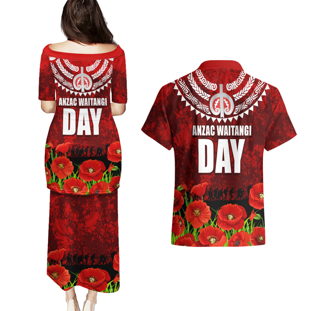 New Zealand ANZAC Waitangi Day Couples Matching Puletasi and Hawaiian Shirt Hei Tiki and Soldier LT03 - Polynesian Pride