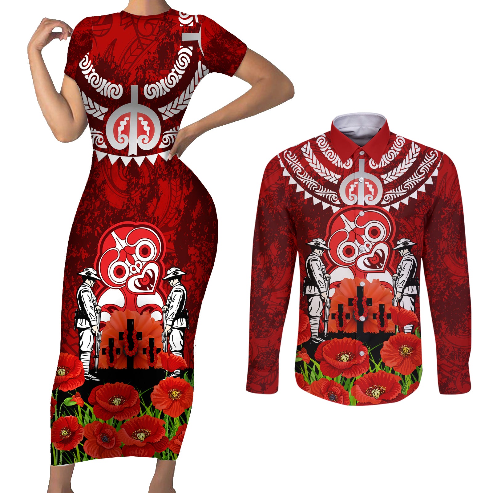 New Zealand ANZAC Waitangi Day Couples Matching Short Sleeve Bodycon Dress and Long Sleeve Button Shirt Hei Tiki and Soldier LT03 Red - Polynesian Pride