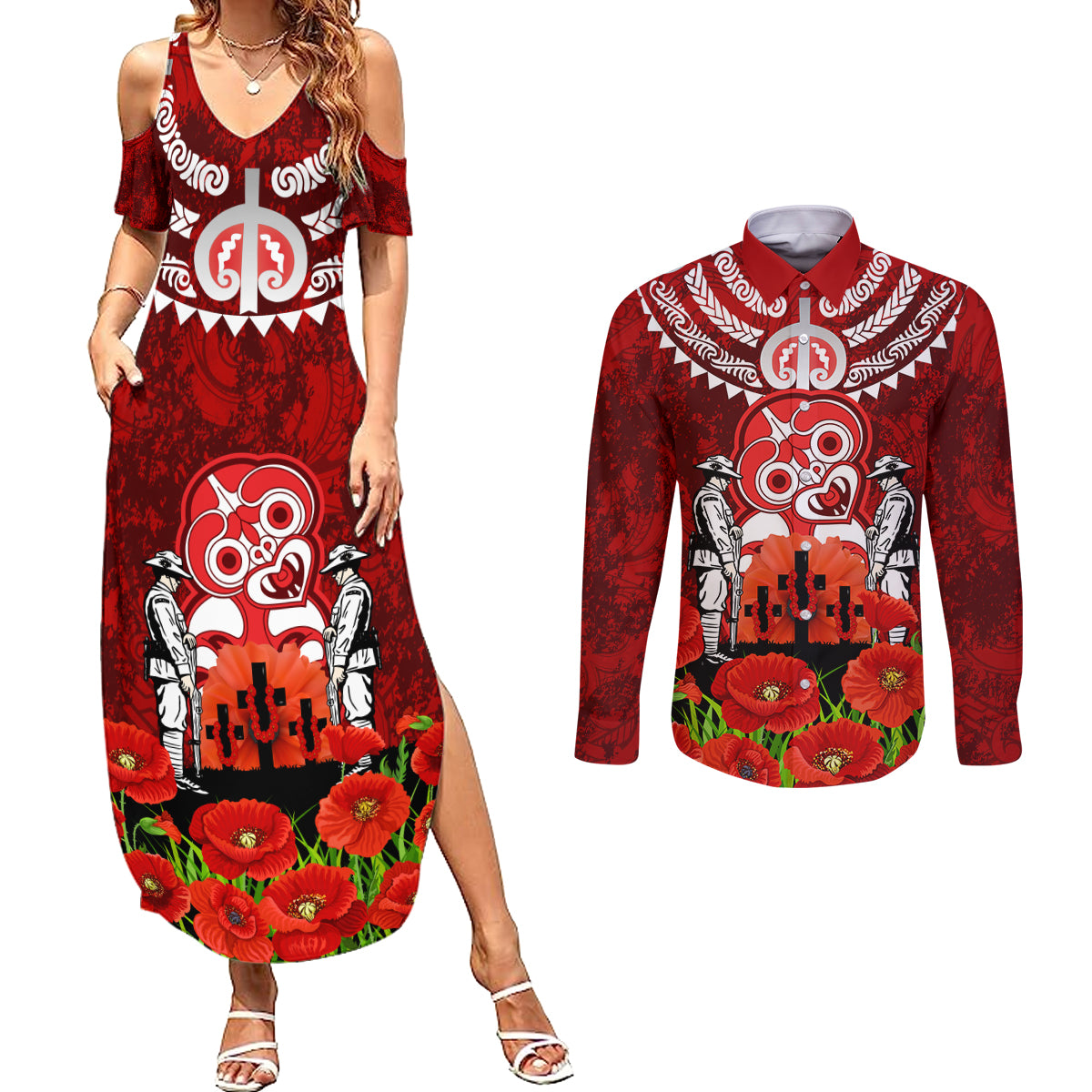 New Zealand ANZAC Waitangi Day Couples Matching Summer Maxi Dress and Long Sleeve Button Shirt Hei Tiki and Soldier LT03 Red - Polynesian Pride