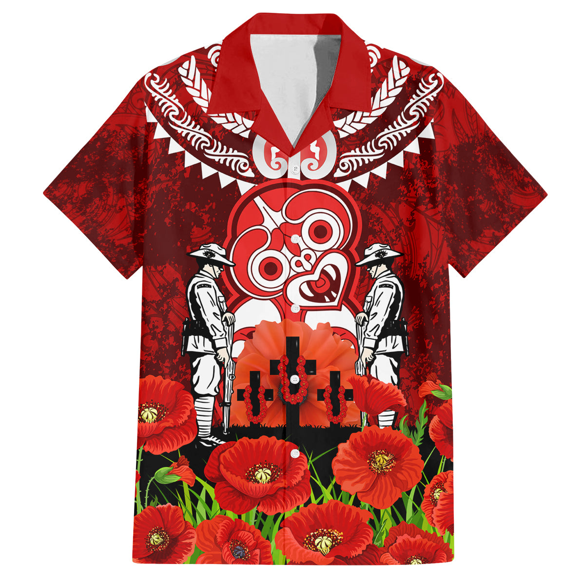 New Zealand ANZAC Waitangi Day Family Matching Long Sleeve Bodycon Dress and Hawaiian Shirt Hei Tiki and Soldier LT03 Dad's Shirt - Short Sleeve Red - Polynesian Pride