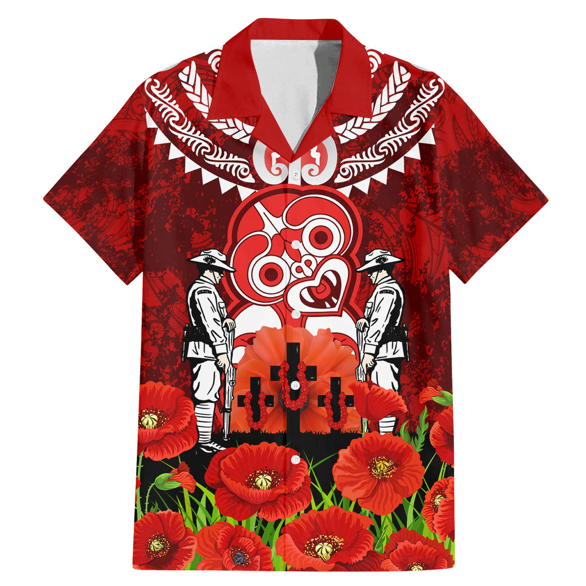 New Zealand ANZAC Waitangi Day Family Matching Mermaid Dress and Hawaiian Shirt Hei Tiki and Soldier LT03 Dad's Shirt - Short Sleeve Red - Polynesian Pride