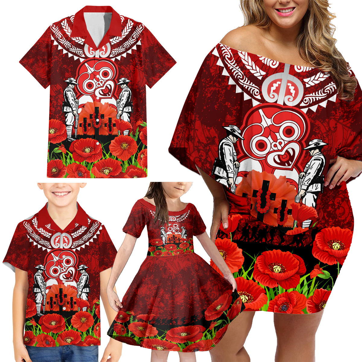 New Zealand ANZAC Waitangi Day Family Matching Off Shoulder Short Dress and Hawaiian Shirt Hei Tiki and Soldier LT03 - Polynesian Pride