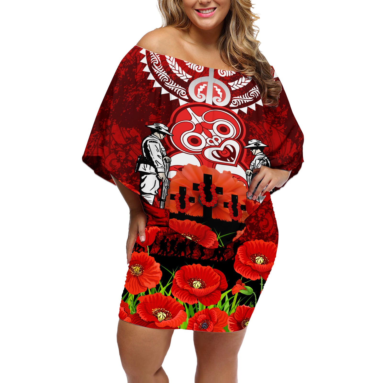 New Zealand ANZAC Waitangi Day Off Shoulder Short Dress Hei Tiki and Soldier LT03 Women Red - Polynesian Pride