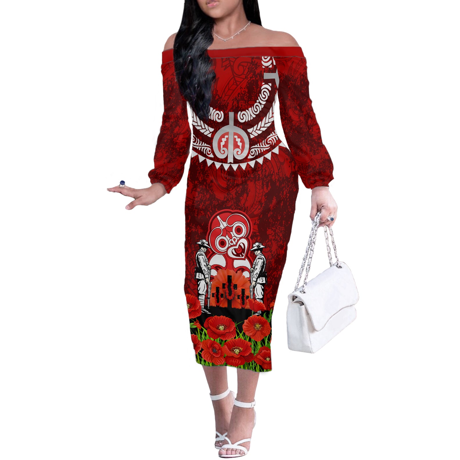 New Zealand ANZAC Waitangi Day Off The Shoulder Long Sleeve Dress Hei Tiki and Soldier LT03 Women Red - Polynesian Pride