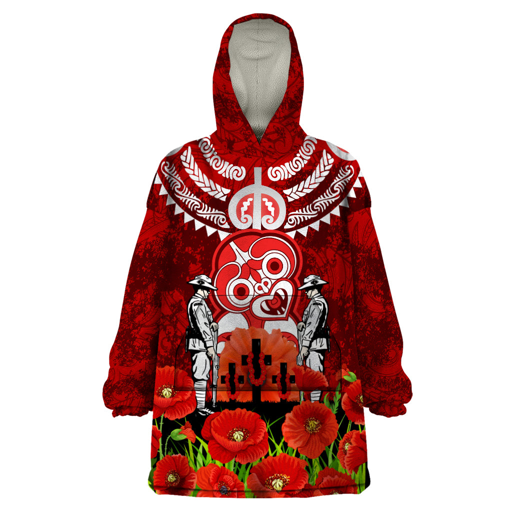 New Zealand ANZAC Waitangi Day Wearable Blanket Hoodie Hei Tiki and Soldier LT03 One Size Red - Polynesian Pride