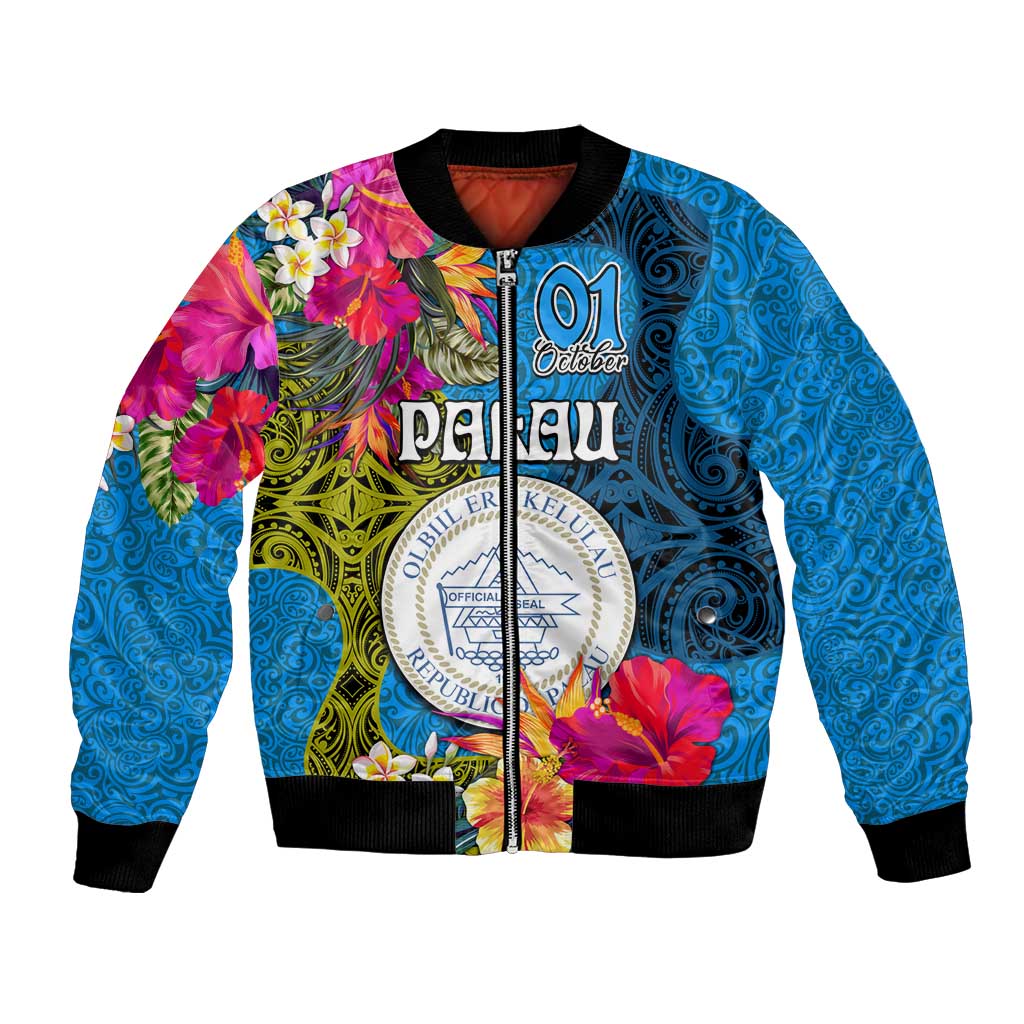 Palau Independence Day Bomber Jacket 1st October 30th Anniversary Polynesian Jungle Flower LT03 Unisex Blue - Polynesian Pride