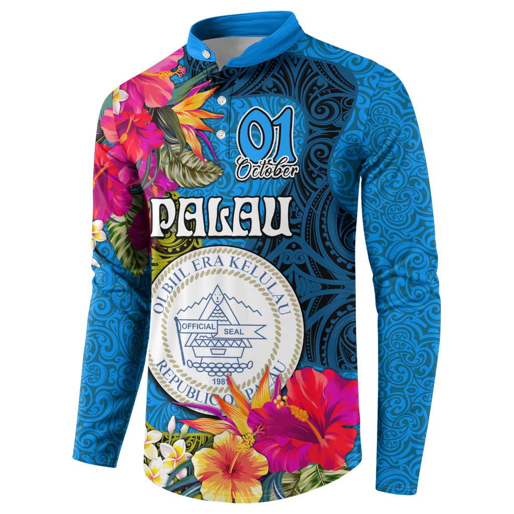 Palau Independence Day Button Sweatshirt 1st October 30th Anniversary Polynesian Jungle Flower